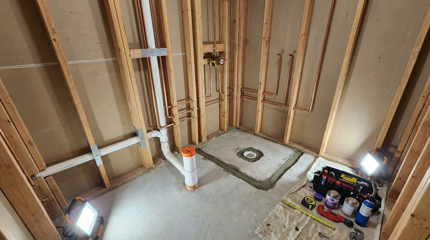 Bathroom rough-in plumbing during remodel by Johns Plumbing LLC in Hardwick