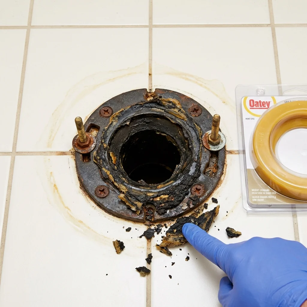 Failed wax ring showing water seepage at the base of a toilet in a Hardwick, MA home