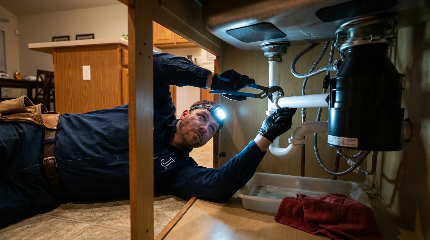 P-trap and supply line connections under a kitchen sink showing a common leak point in Hardwick, MA